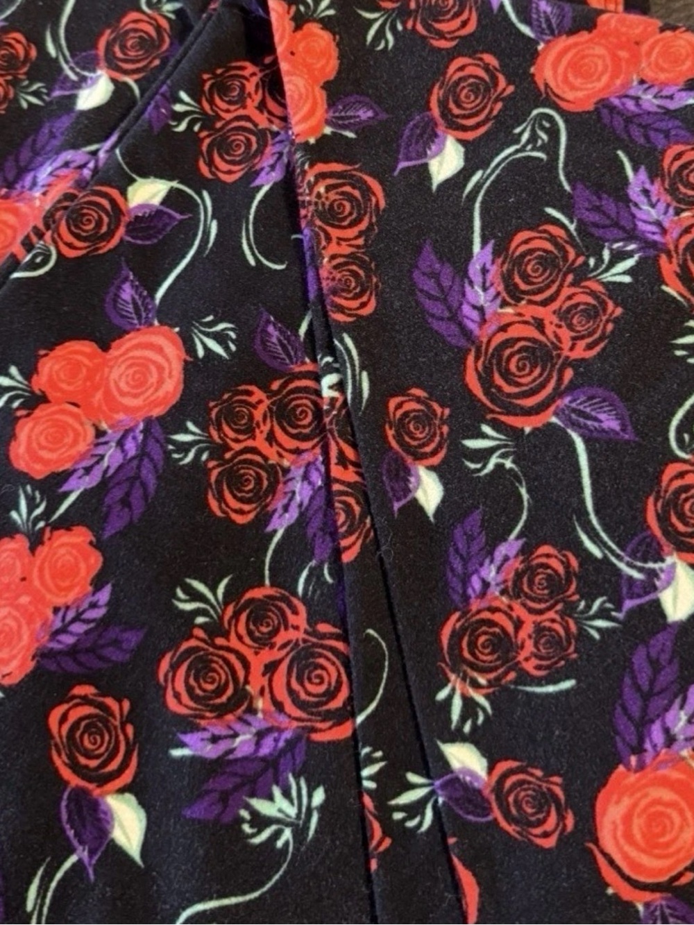 LuLaRoe Black Leggings with Red Roses and Purple Accents